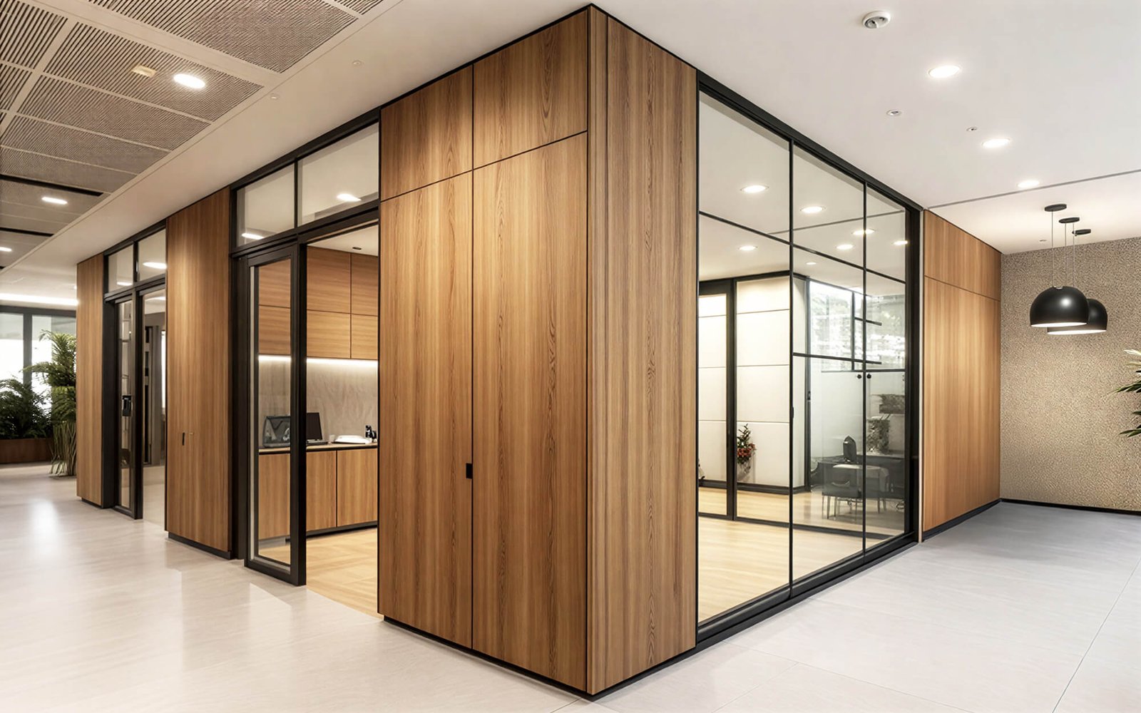 Cloisons professionnelles en bois et verre avec portes intégrées sur mesure