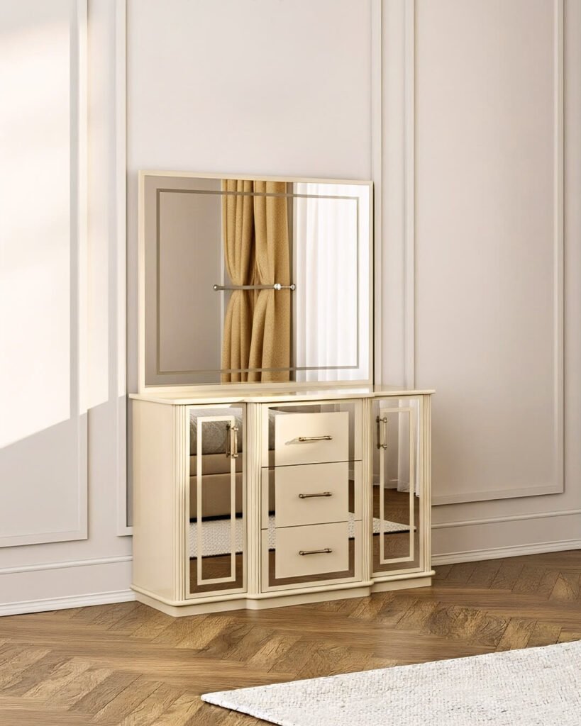Coiffeuse BOALUM moderne beige avec miroir et rangements en bois, idéale pour une chambre à coucher élégante.