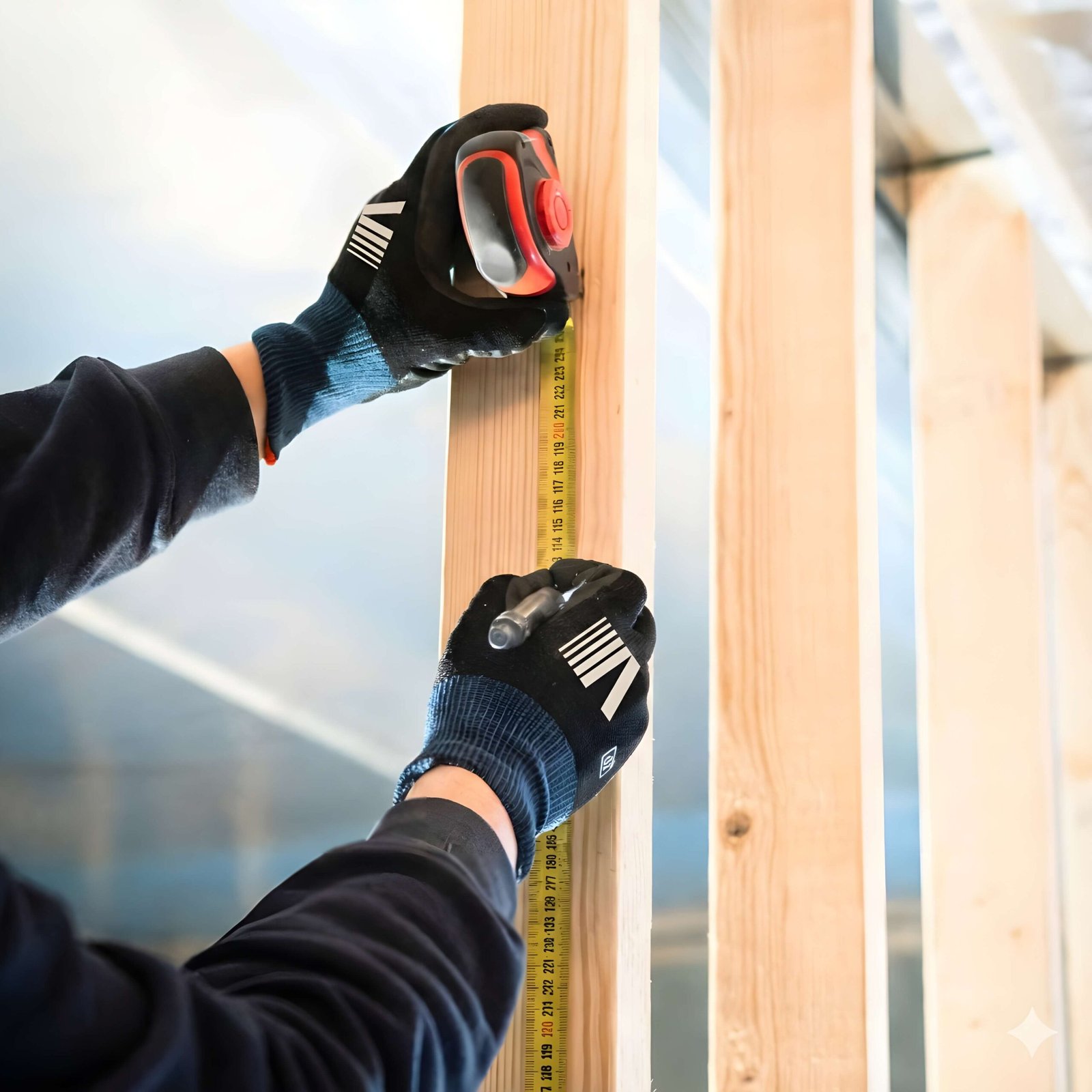 Menuisier prenant des mesures précises sur une structure en bois