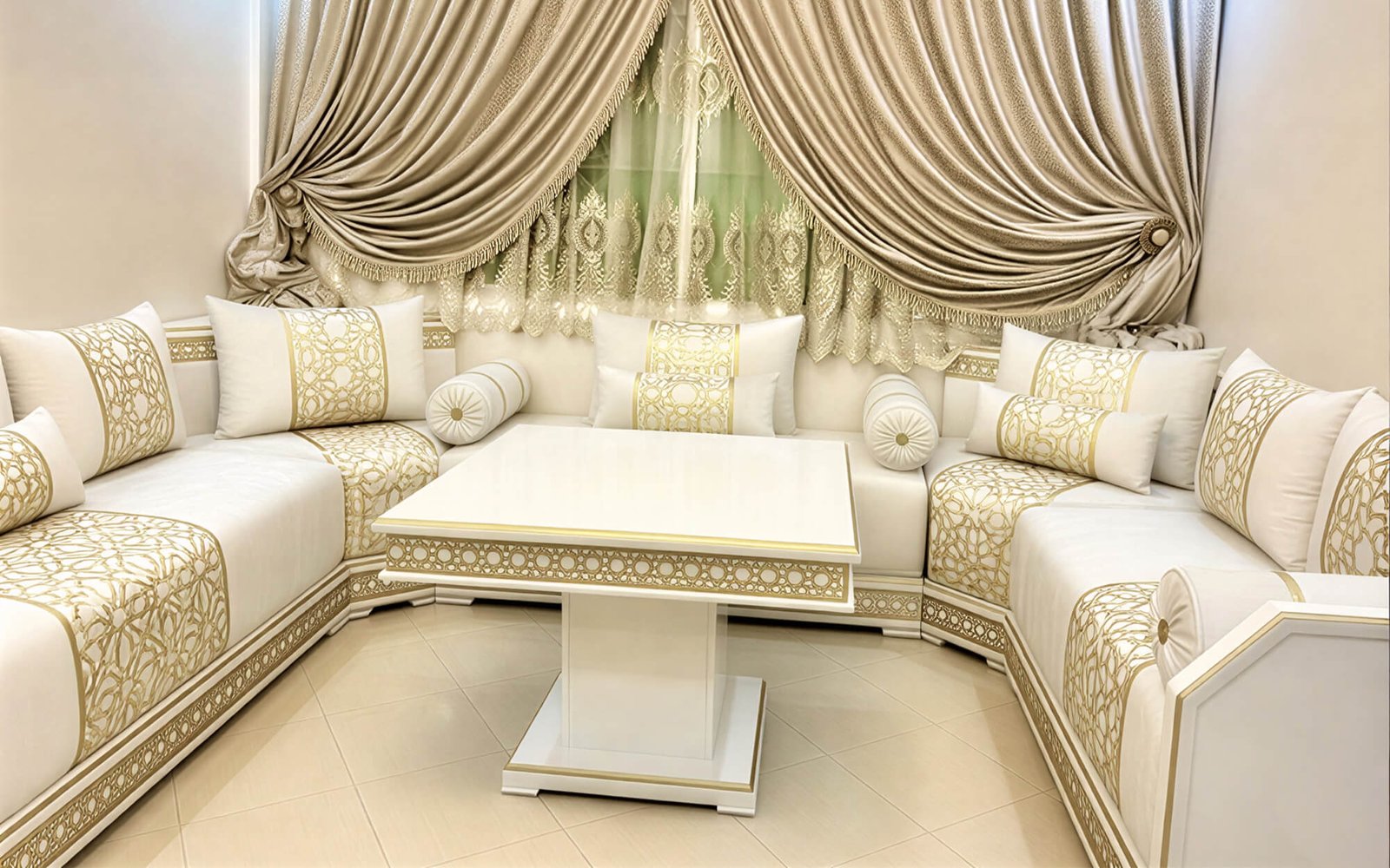 Structure de salon marocain en bois blanc et doré avec table sur mesure