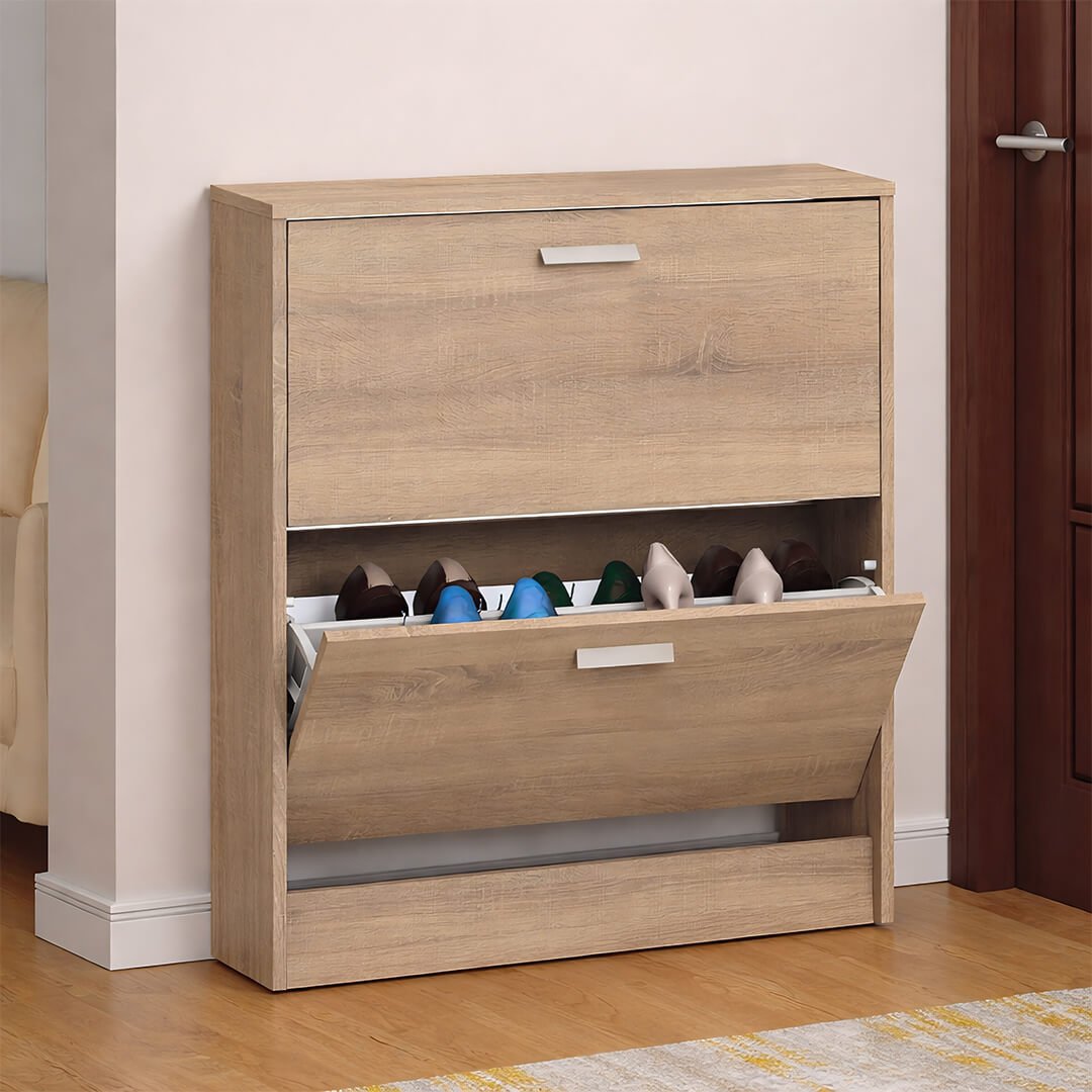 Meuble à chaussures d’entrée avec 2 abattants, design moderne et finition effet chêne.