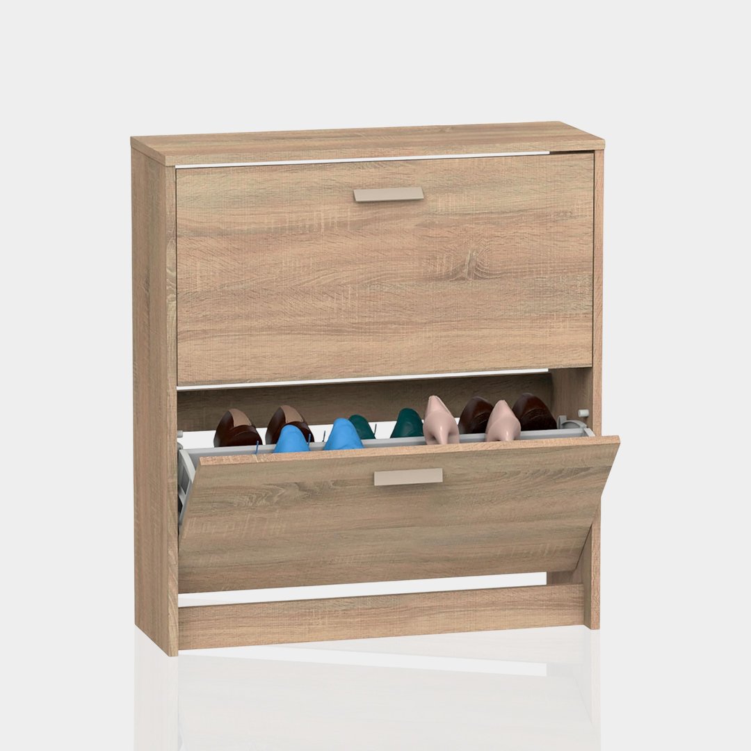 Meuble à chaussures d’entrée avec 2 abattants, design moderne et finition effet chêne.