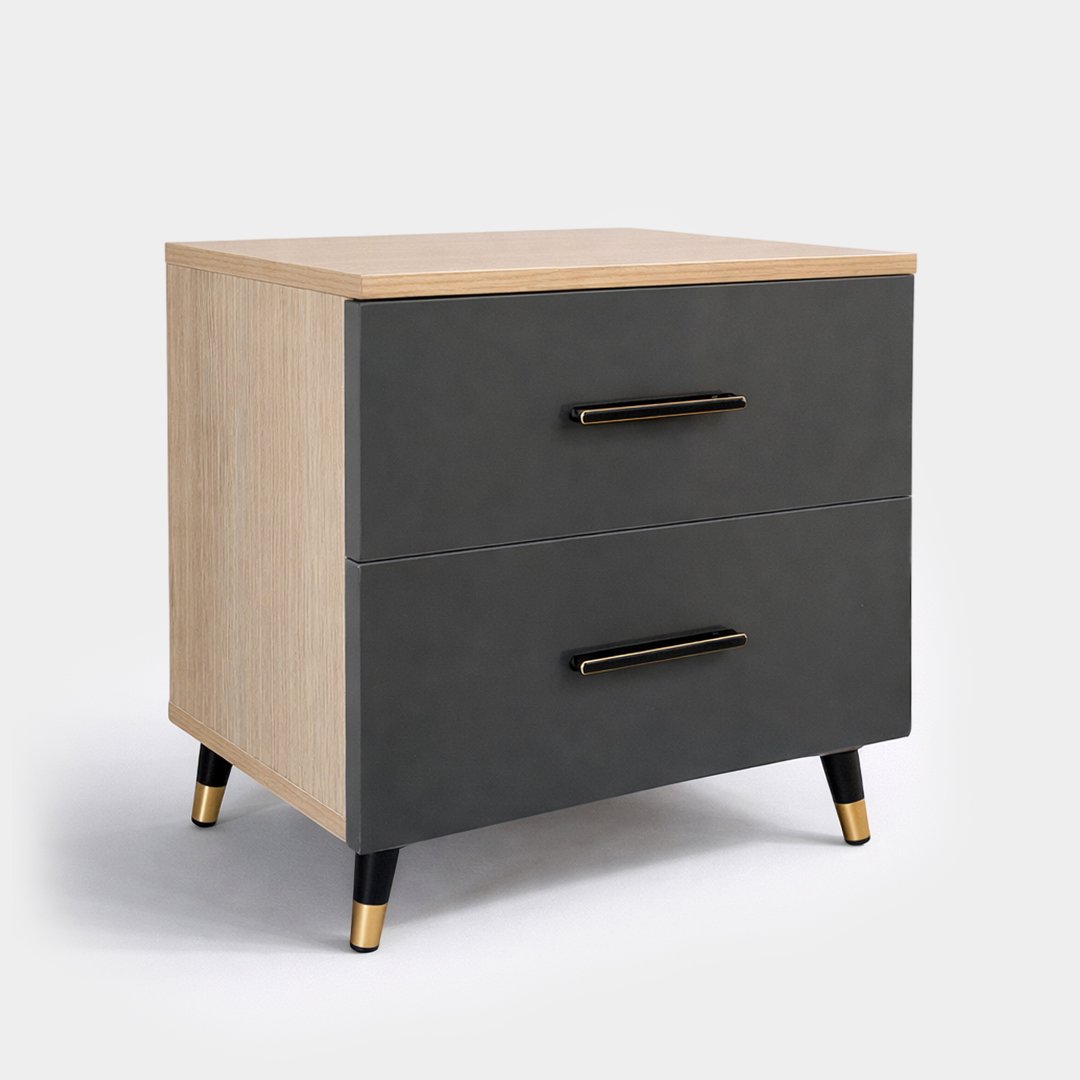 Table de chevet moderne 2 tiroirs gris foncé – Ambiance chambre élégante.