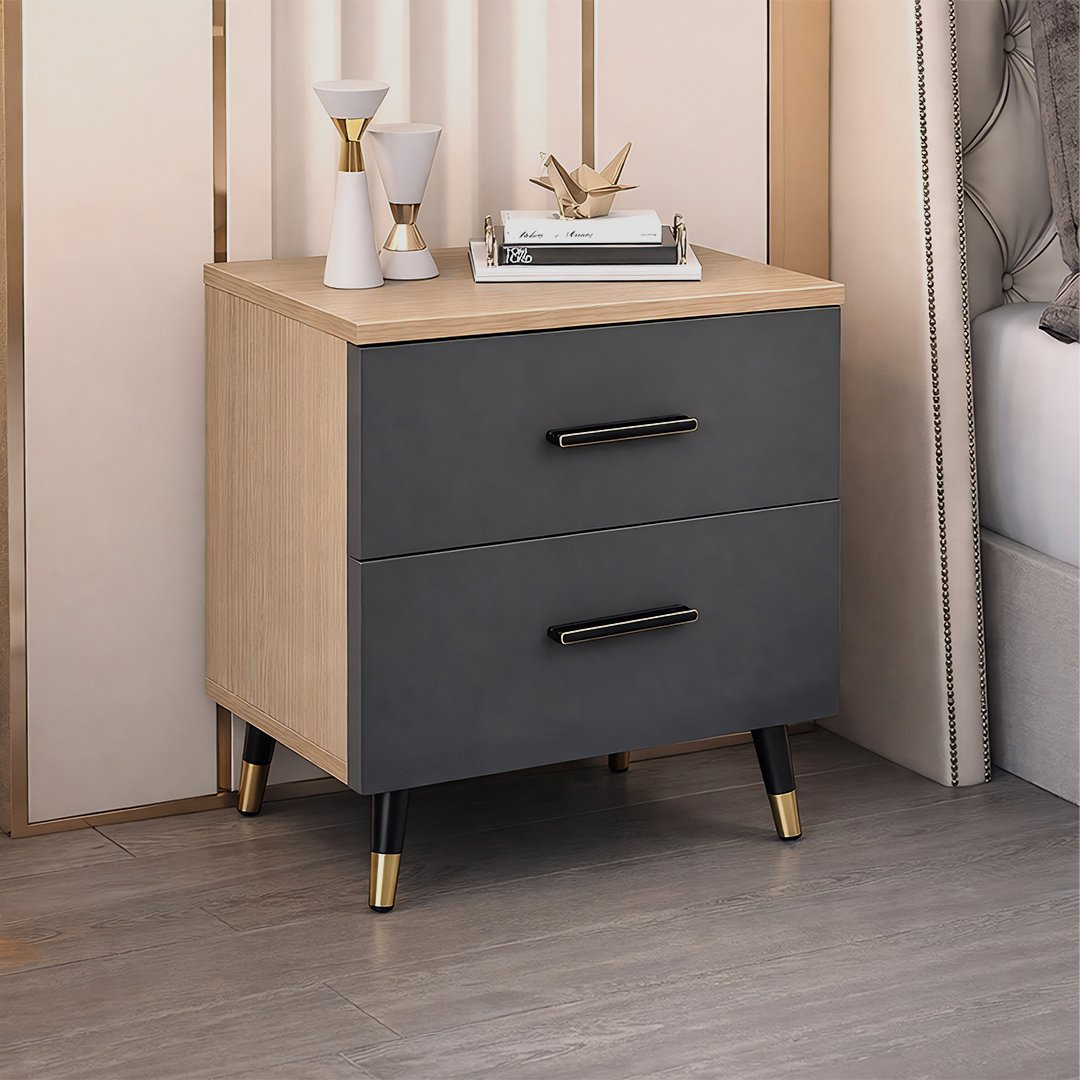 Table de chevet moderne 2 tiroirs gris foncé – Ambiance chambre élégante.