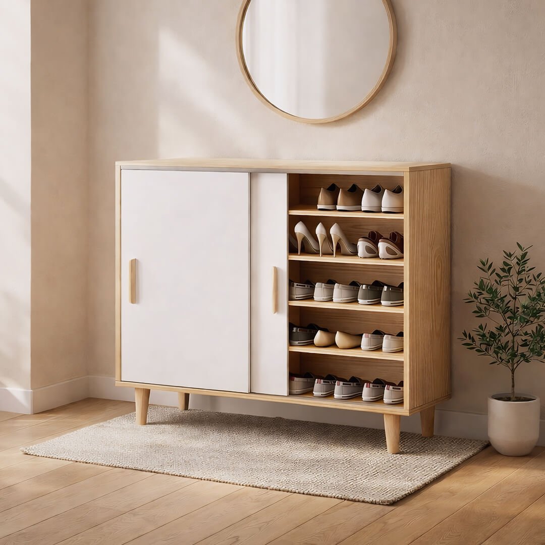 Meuble à chaussures en MDF bois clair et blanc intégré dans une entrée moderne au style scandinave.