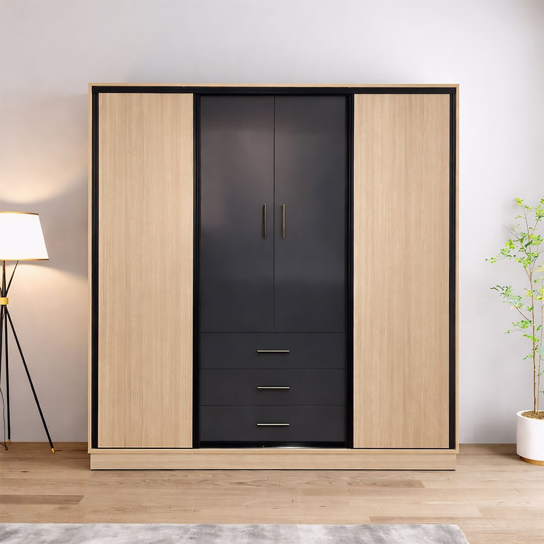 Placard moderne design minimaliste bois naturel et noir mate – Collection BOALUM.